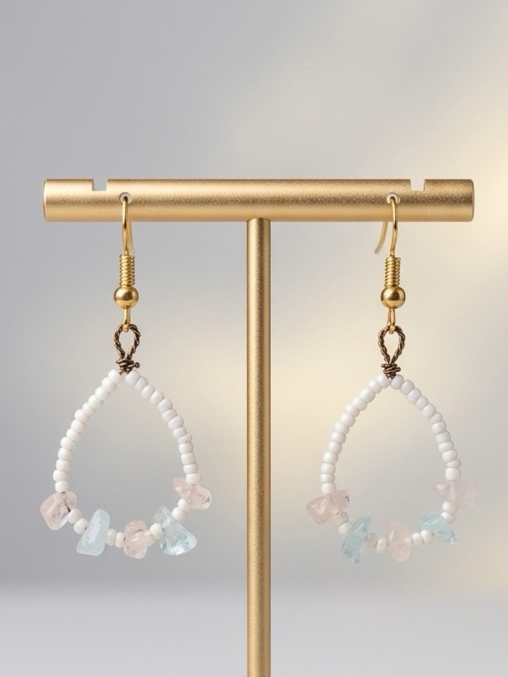 White Beaded Teardrop Earrings with Pastel Gem Chips